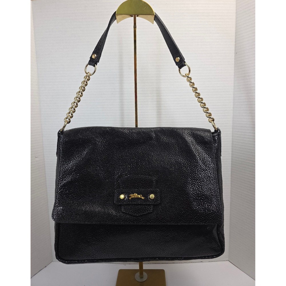 Longchamp Paris Black Pebbled Leather Chain Shoulder Bag Made in France